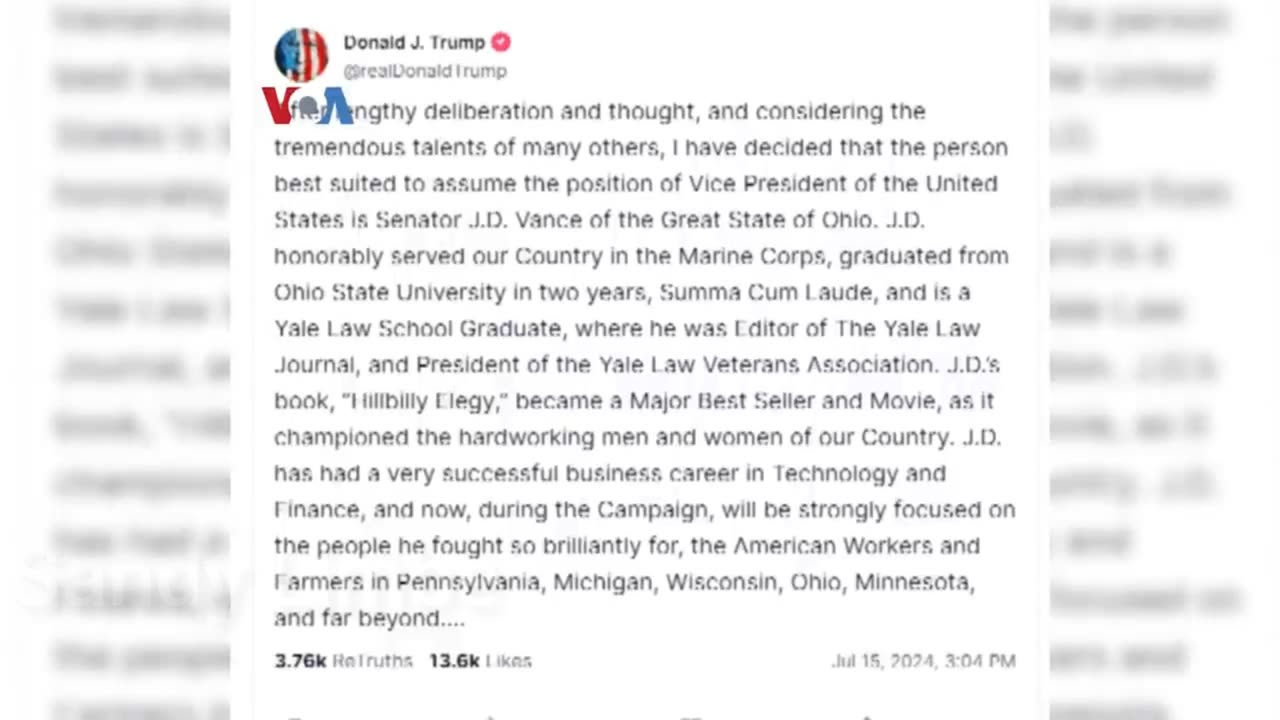 Trump Umumkan Wakil Presidennya J.D. Vance Hanya Melalui Akun Medsos TRUTH Social Miliknya