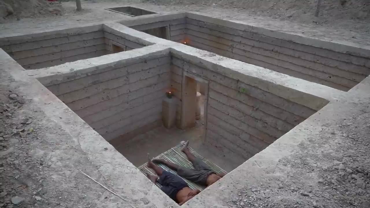 Building Underground House with Decoration Underground Kitchen - Living Room and Bed Room