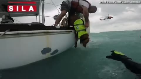 Moment man and his dog are rescued from boat during Hurricane Helene