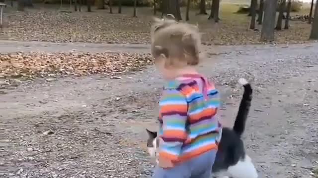 Lovely little girl playing with a sweet cat, kissing and talking to him