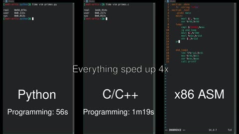 Python vs C/C++ vs Assembly side-by-side comparison