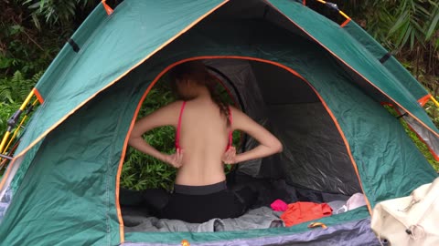 Solo Camping Girl Swim To Catch Shrimp For Cooking In The Wild