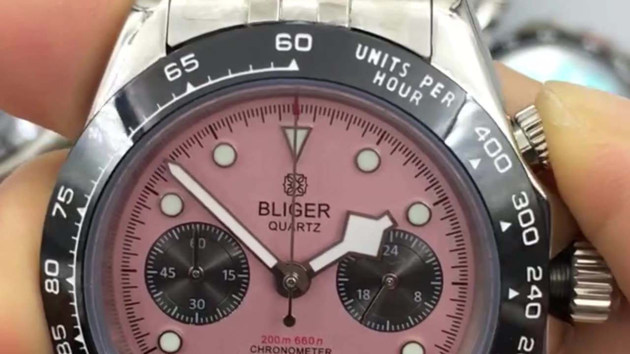 BLIGER 39mm VK64 Moon Quartz Chronograph Watch For Men Sapphire Glass Black Pink Dial