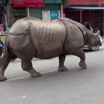 Rhino Wanders Down City Street