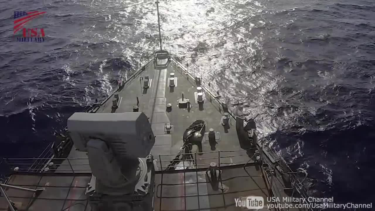 US Navy Ship Self-Defense System in Action - Launches RAM, Phalanx and Chaff