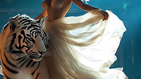 A woman performs a fusion with the white tiger on AGT