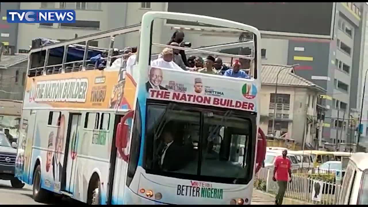 (EXCLUSIVE) Tinubu Drives Round Lagos In Campaign Truck, Waves At Residents