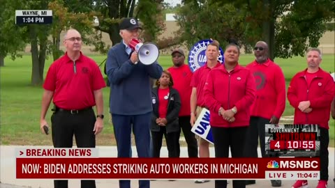 Joe Biden speaks on the UAW picket line in Wayne, Michigan