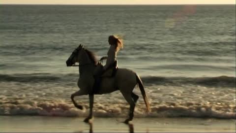Woman on horse at seashore, riding through surf