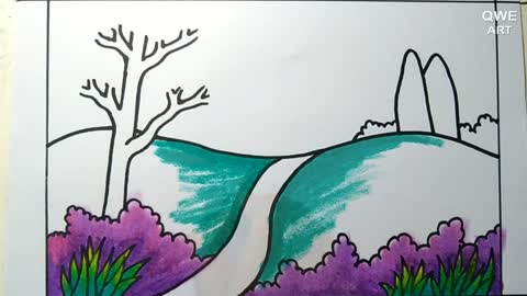 Rainbow Scenery Drawing | Landscape drawing with Mountain and Rainbow - Drawing Class- 12