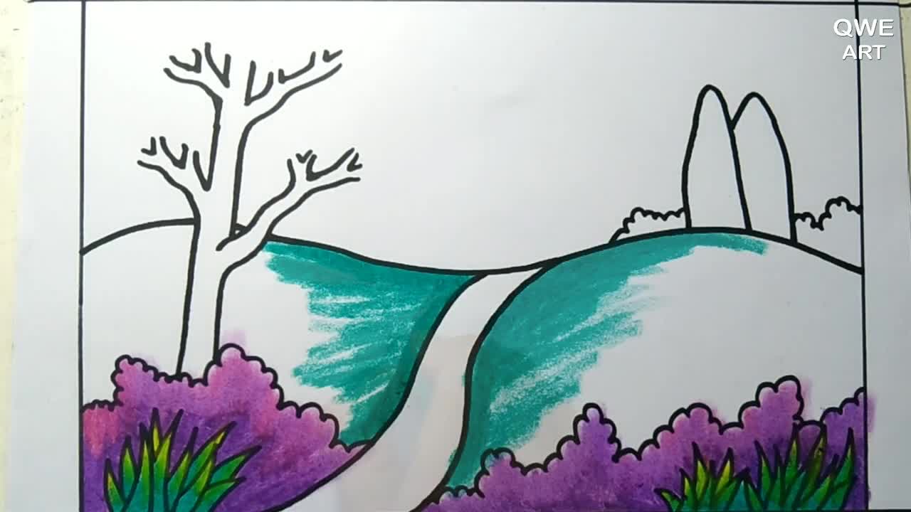Rainbow Scenery Drawing | Landscape drawing with Mountain and Rainbow - Drawing Class- 12