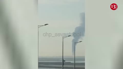 Image of an explosion near the Crimean bridge after a drone strike