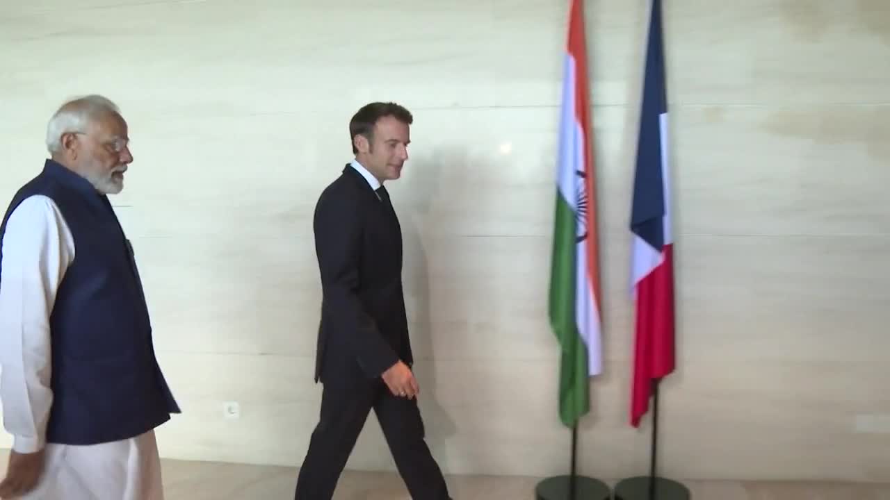 French President Macron meets Indian PM Modi for work lunch