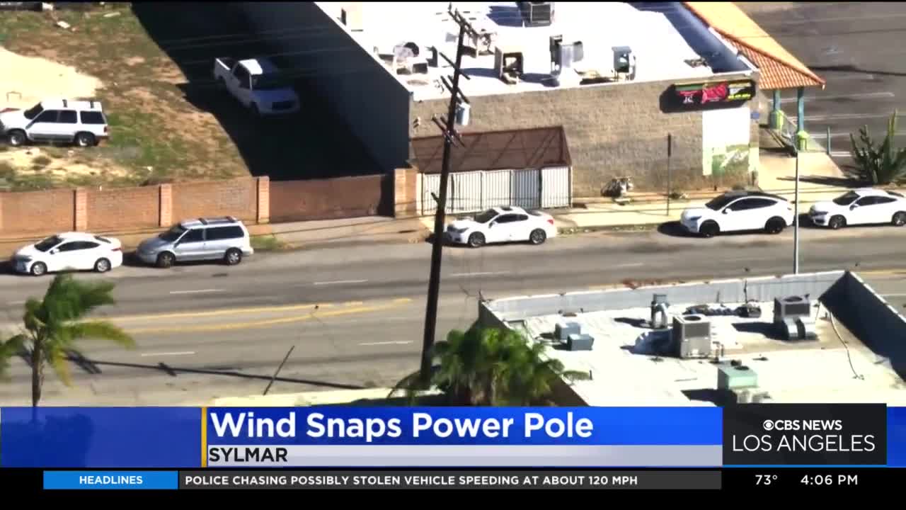 Strong winds snap power pole in Sylmar