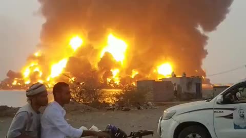 Fuel depot at Al-Hudaydah Port in Yemen following an alleged Israeli airstrike,