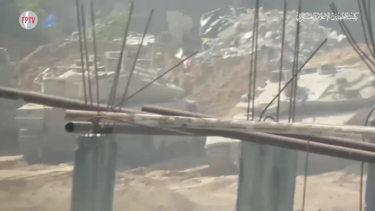 Al-Mujahideen Brigades striking a Zionist tank on the enemy’s axis of advance west of Jabalia, Gaza, Palestine, 23 Oct 2024