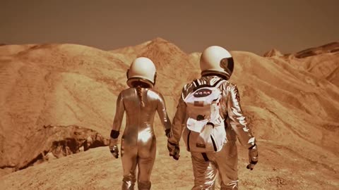 An Astronaut Couple Walking on Mars