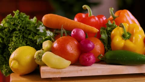 Fresh vegetables on a wooden board close up view