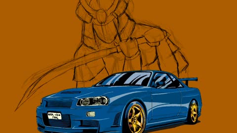 NISSAN R34 Illustration with Japanese Samurai on Ipad Procreate