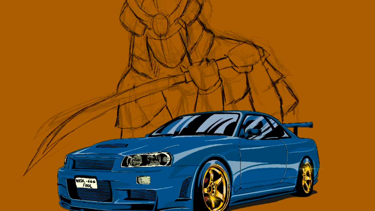 NISSAN R34 Illustration with Japanese Samurai on Ipad Procreate