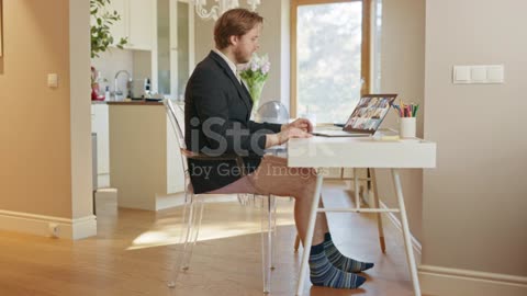 Funny Clip:Businessman Wear Jacket and No Pants Uses Laptop and Conference Video Call for Director.