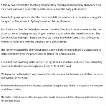 Newborn Baby Left In Blacktown Families Back Yard - Search For Mum Continues