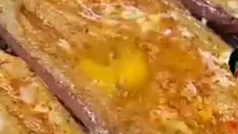 Making spicy egg plant sprinkle spices green coriander and egg on it and cook it