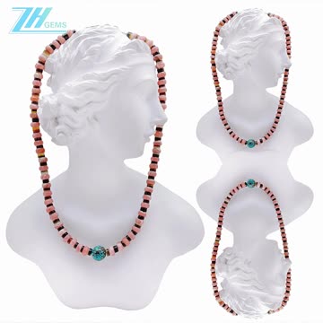 Natural turquoise pendant and shell Rhodochrosite roundle beads handmade necklace01