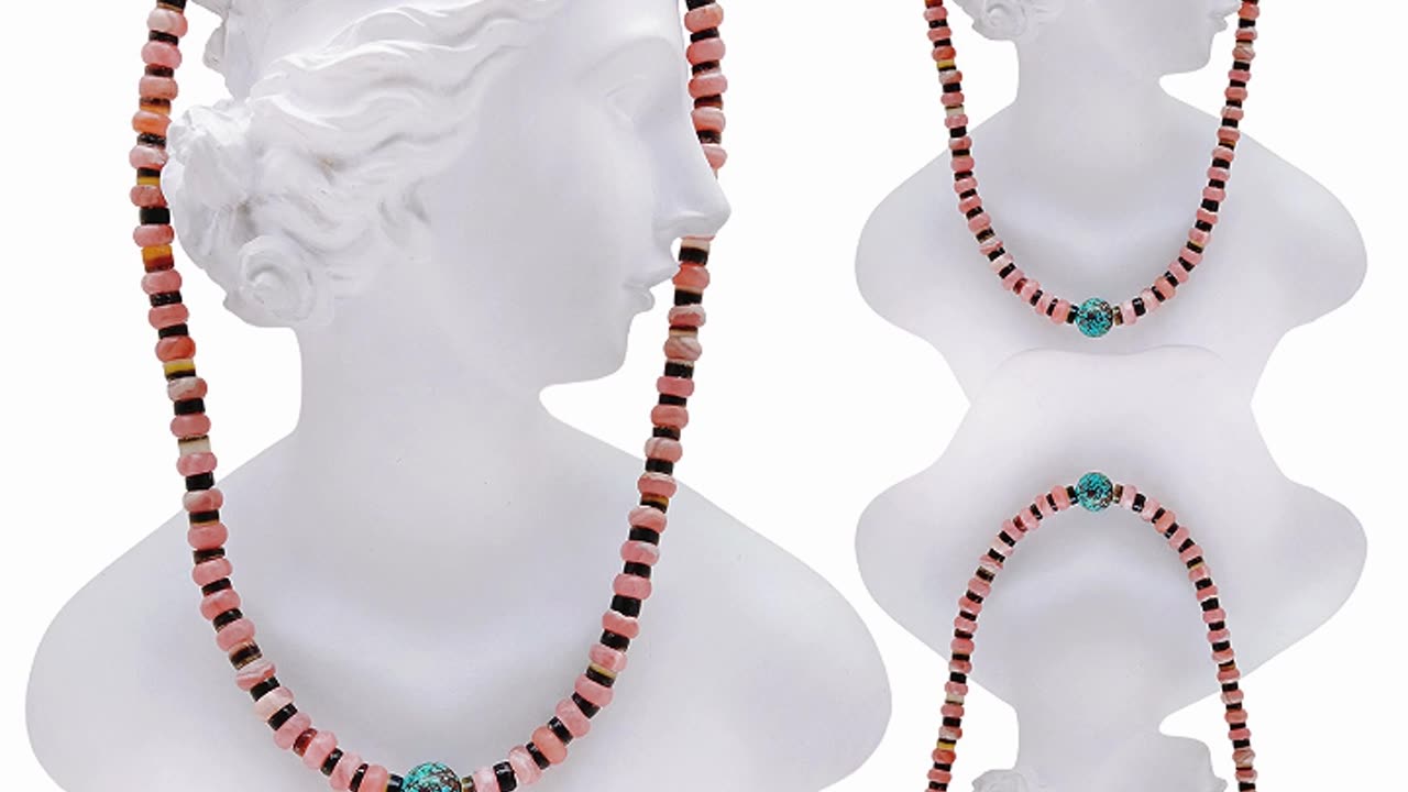 Natural turquoise pendant and shell Rhodochrosite roundle beads handmade necklace01