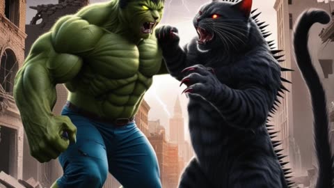 monster cat and hulk fighting, a tiger with wings apperas
