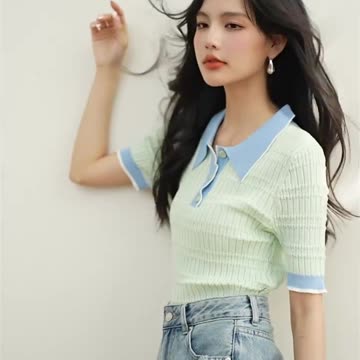 Women's Lapel Collar Slim Fit Knitted Crop Top