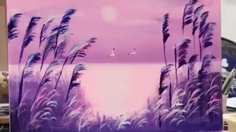 Acrylic drawing, landscape painting, four landscape pieces in the video