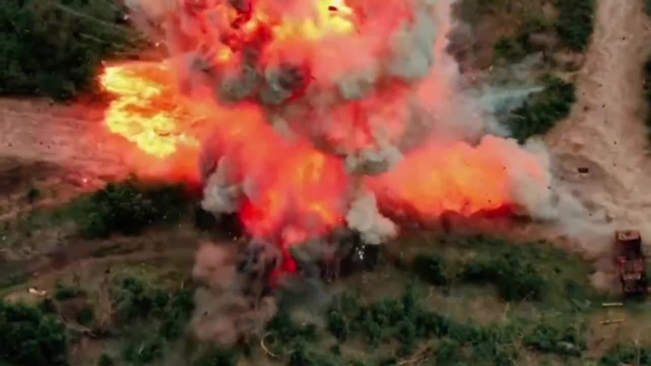 Magnificent sight! A powerful explosion of a crashed kamikaze drone on a