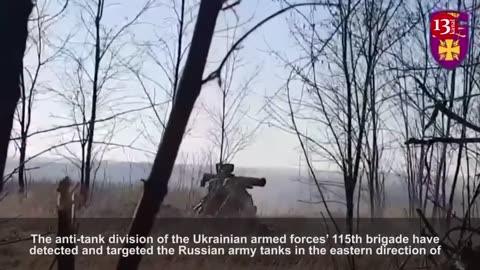 The moving Russian tank column is fired with an anti-tank missile complex