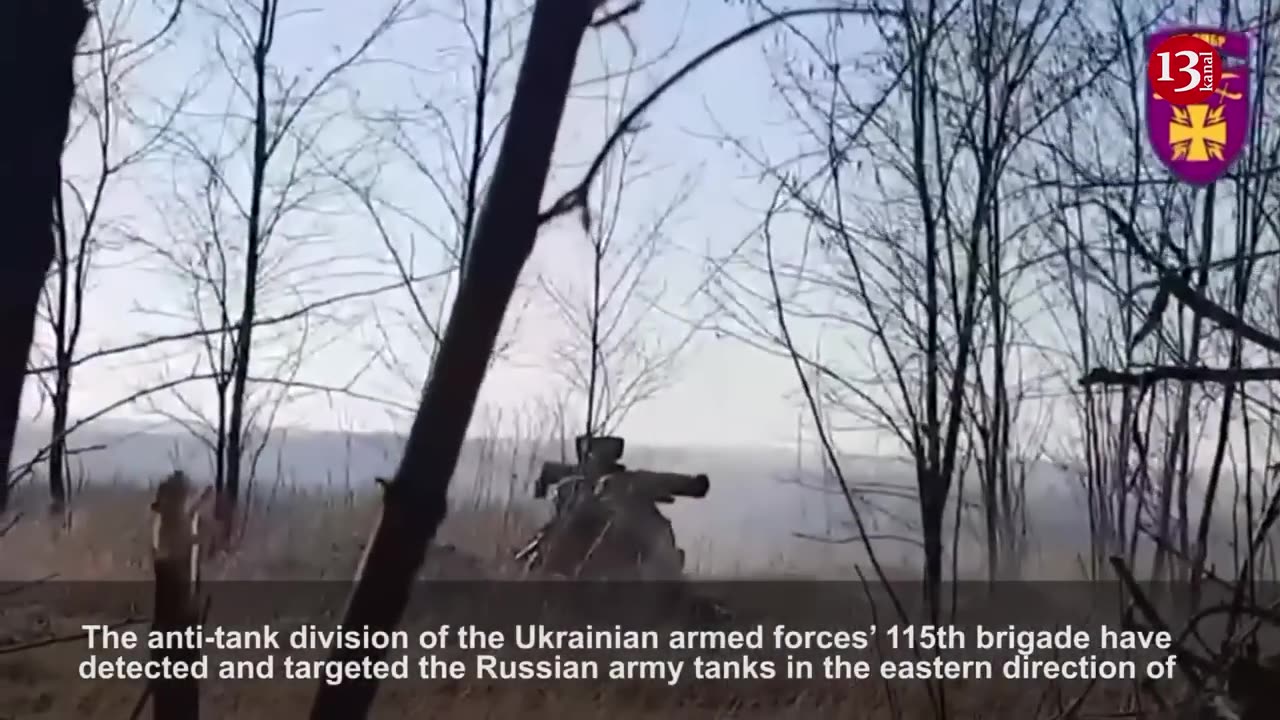 The moving Russian tank column is fired with an anti-tank missile complex