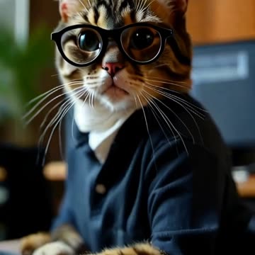 A successful cat wearing humanoid glasses working on a computer in an office