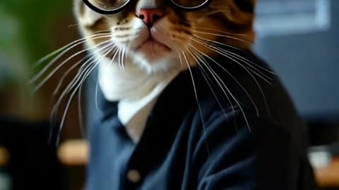 A successful cat wearing humanoid glasses working on a computer in an office