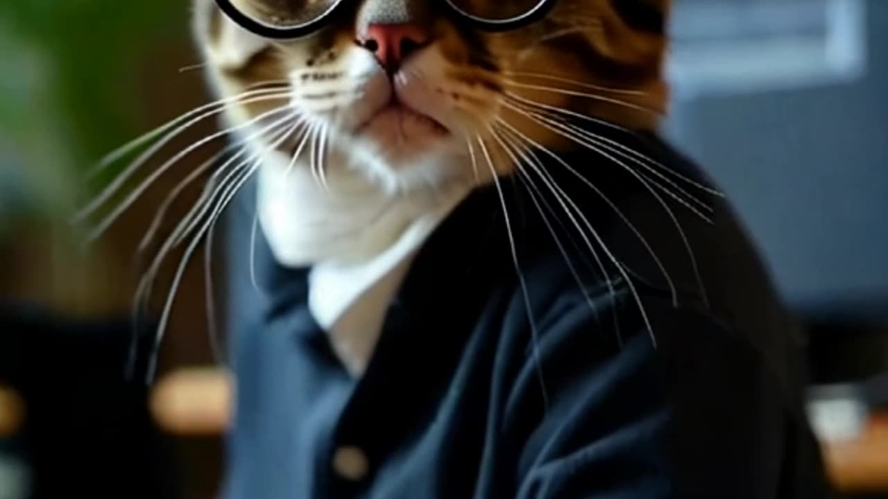 A successful cat wearing humanoid glasses working on a computer in an office
