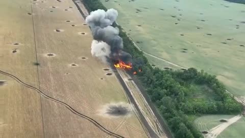 A Russian tank being blown up by Ukrainian forces