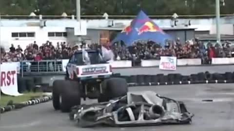 Monster truck show_ Daredevil drivers perform terrifying stunts in Kiev
