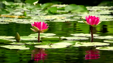 Lotus flowers and ducks on a calm lake