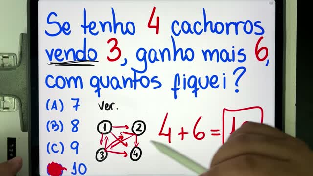 🐶 Se tenho 4 CACHORROS vendo 3, GANHO mais 6, com QUANTOS fiquei Você consegue resolver