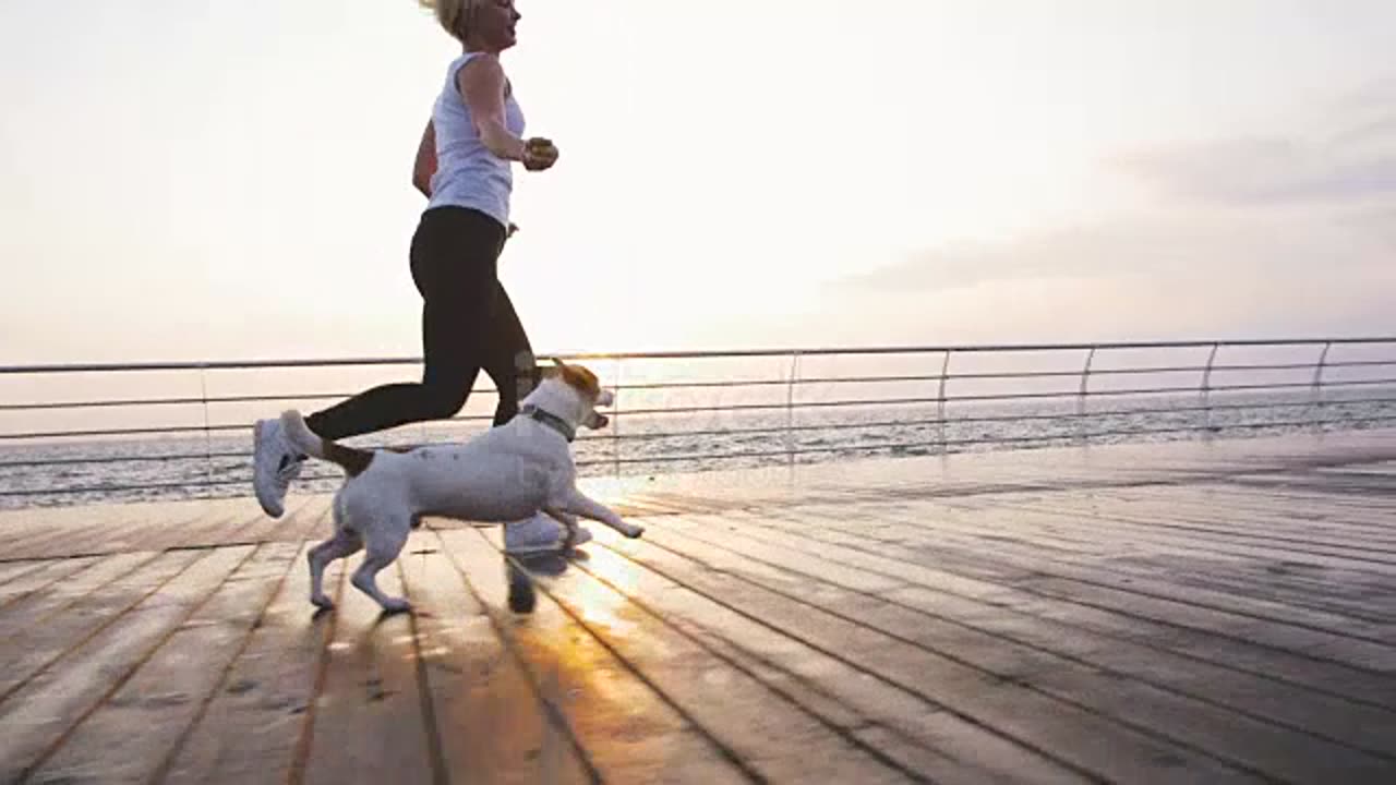 Young Woman Running With Cute Dog Jack Russel Near The Sea Slow Motion