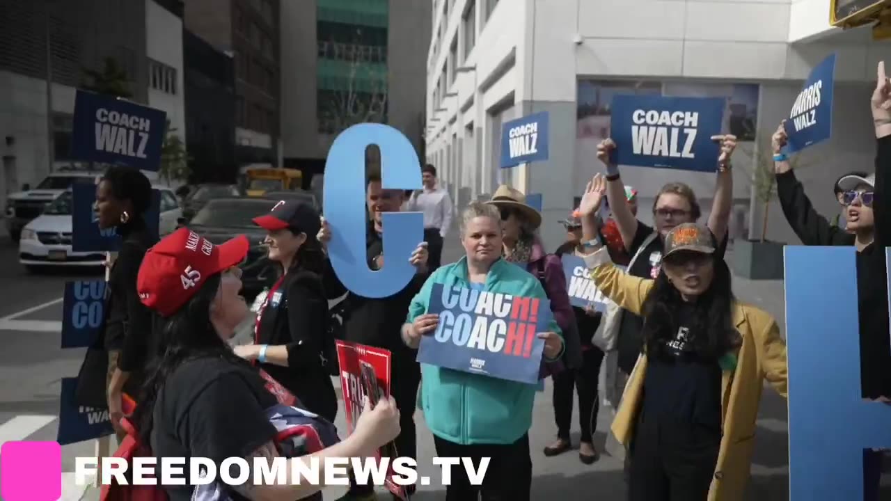 Trump Supporter Juliette MOONS Tim Waltz supporters outside of CBS studios