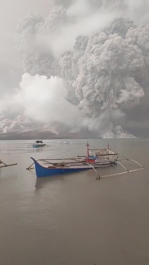 Indonesia's Mount Ruang volcano just after the eruption viewed from Tahulandang Island