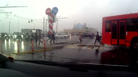 Red Bus Collides with Audi Sedan