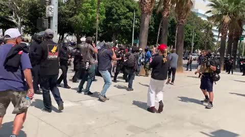 Right-wing vs antifa brawl breaks out at anti-mask protest in Los Angeles