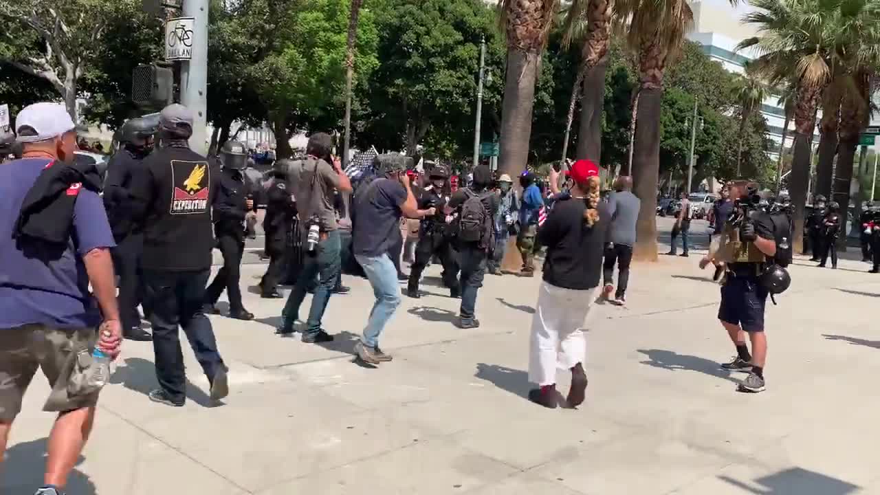Right-wing vs antifa brawl breaks out at anti-mask protest in Los Angeles