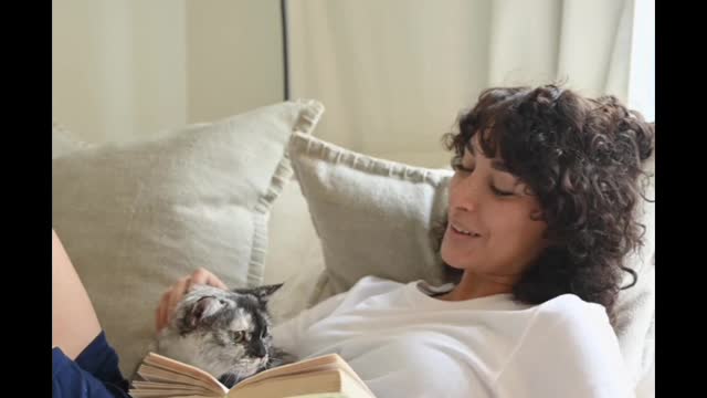 Woman Reading a Book and Petting Her Cat While Lying on the Couch#cat #cat990