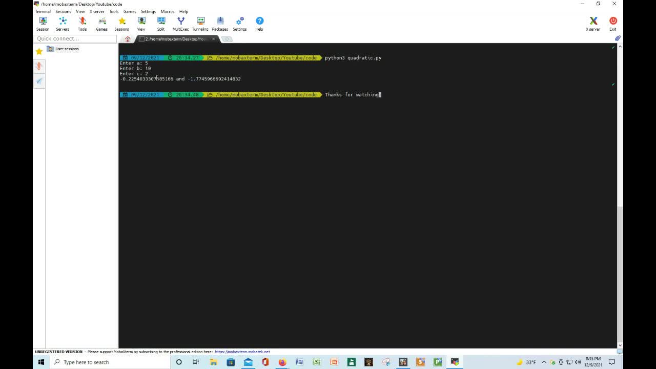 Quadratic Formula using Python and Mobaxterm